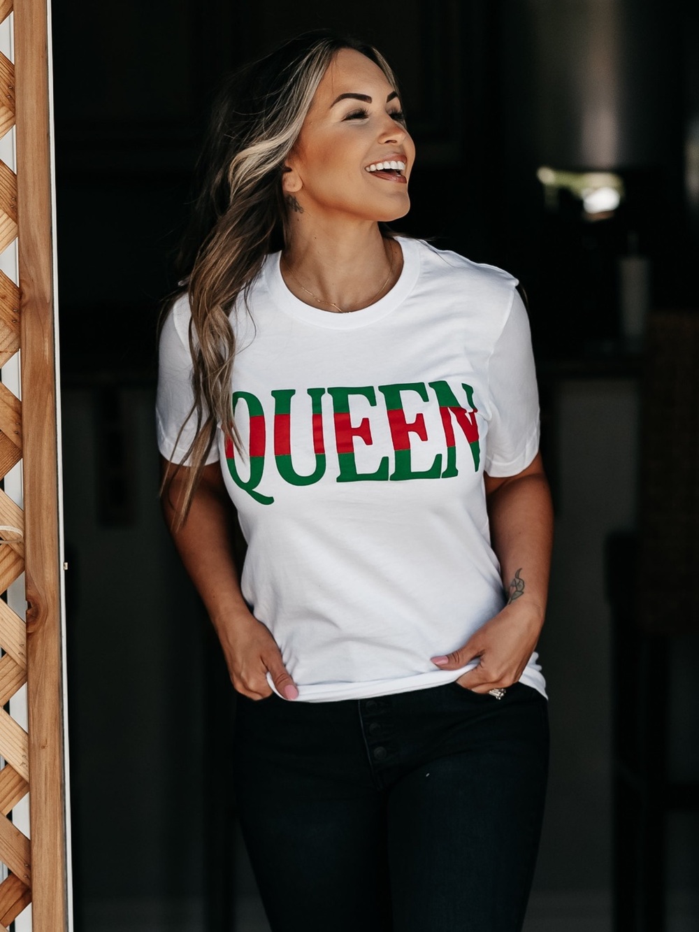 QUEEN Graphic Tee - White with Green & Red Lettering